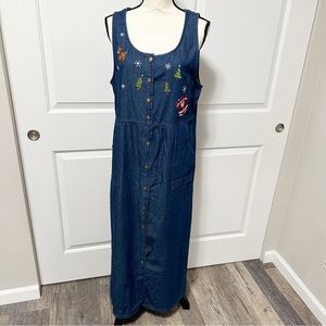 Bobbie Brooks holiday theme christmas sleeveless maxi dress medium chambray